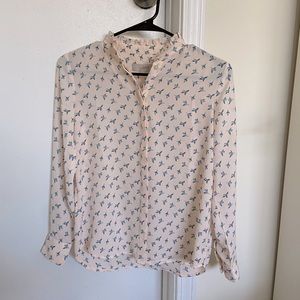 LOFT blush button down blouse with birds NWOT